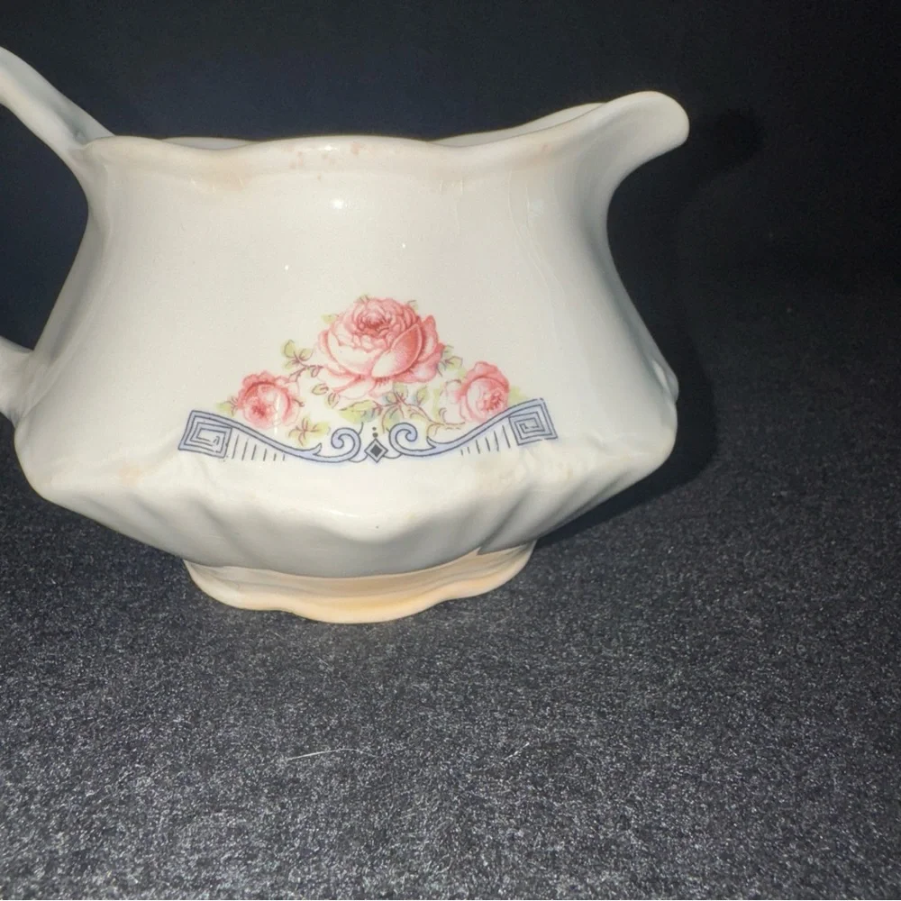 Rare 1941 Homer Laughlin Creamer Pitcher 3 Pink Peonies w/ Blue Geometric Scroll